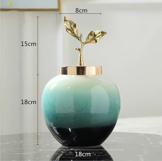 Creativity Ceramic Vase Handmade Gradient with Cover Golden Leaves Modern Home Crafts Ornaments Flower Vases Wedding Decoration