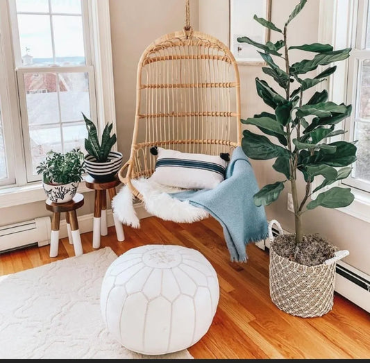 White Moroccan Leather Pouf with Multi Stitches, Ottoman Pouf