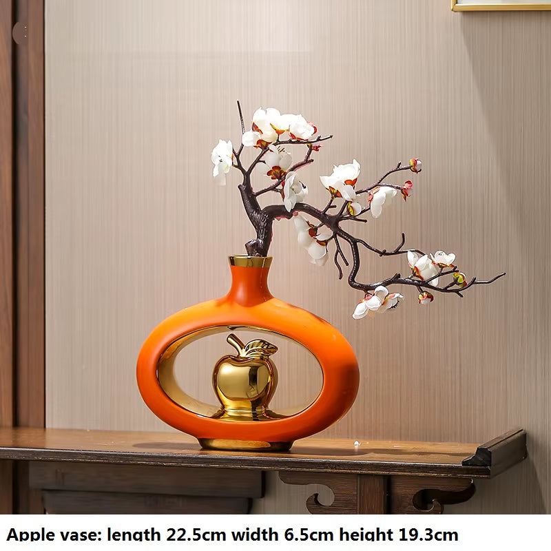 Chinese Style Creativity Ceramic Vase Wooden Frame Retro Openwork Vase Modern Home Flower Arrangement Decoration Flower Vases
