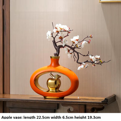Chinese Style Creativity Ceramic Vase Wooden Frame Retro Openwork Vase Modern Home Flower Arrangement Decoration Flower Vases