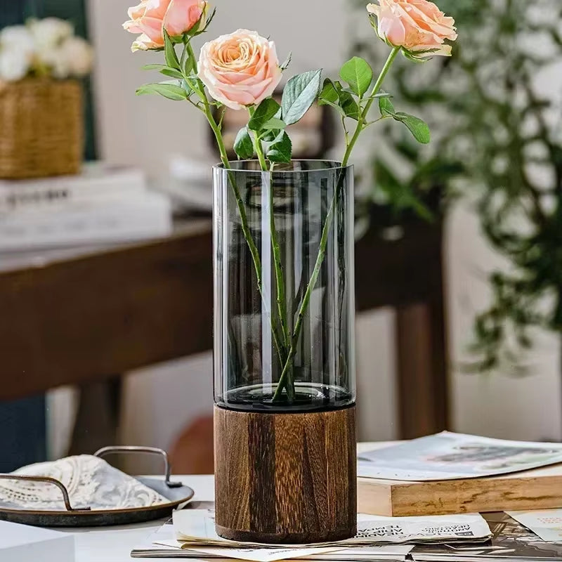 Vases Simple European Hydroponic Plant Household Living Room Table Inserted Flower Wood Base Transparent Glass Vase Home Decor