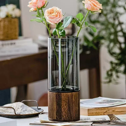 Vases Simple European Hydroponic Plant Household Living Room Table Inserted Flower Wood Base Transparent Glass Vase Home Decor