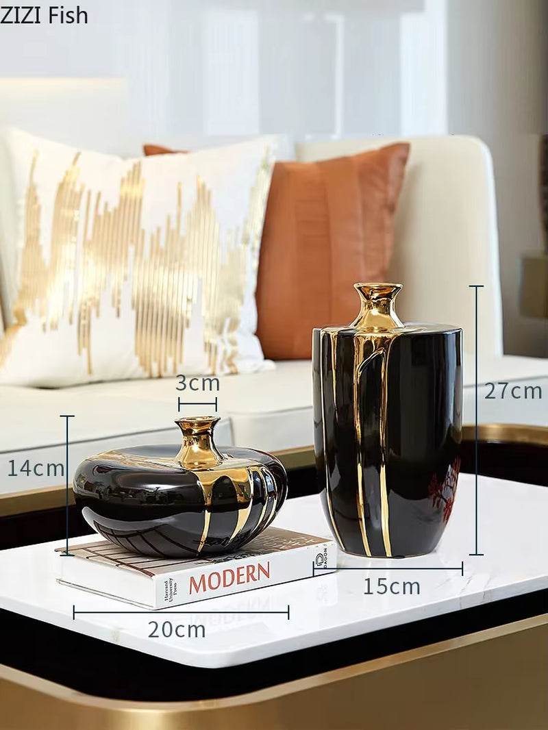 Black Gold Ceramic Vase Flowers Pot Flower Arrangement Desk Decoration Crafts Glaze Porcelain Vases Floral Home Decor Modern
