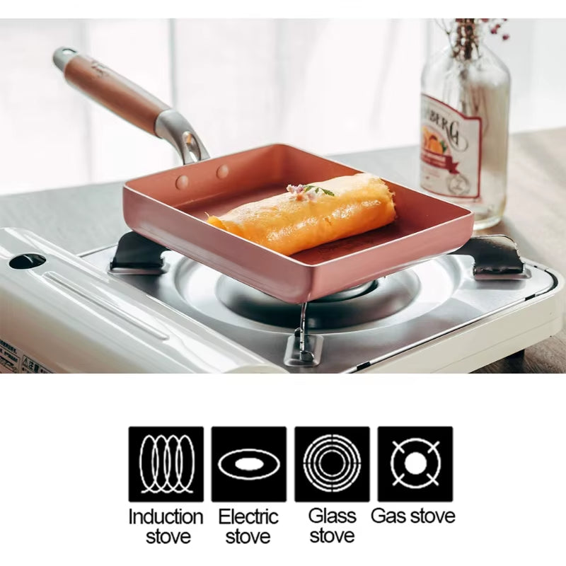 1Pc Rectangular Tamagoyaki Pan – Nonstick Maifan stone omelette pan with heat-resistant handle. Ideal for gas, electric, and glass stoves.