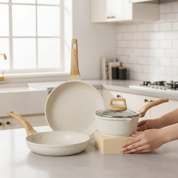 3-7 Pots and Pans Set Nonstick Cookware Sets White Granite Induction Cookware Non Stick Cooking Set W/Frying Pans & Saucepan