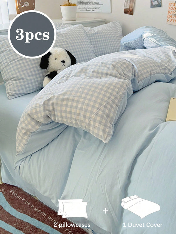 3Pcs, Sky Blue, Small and Fresh,Plaid,Girls,School Students, Small Fresh, Super Soft, Lovely, Four Seasons, Boys and Girls,Dormitory Dress-Upsanding Quilt Cover, Home Bedding, Kit, excluding Quilt Core,Twin Queen King