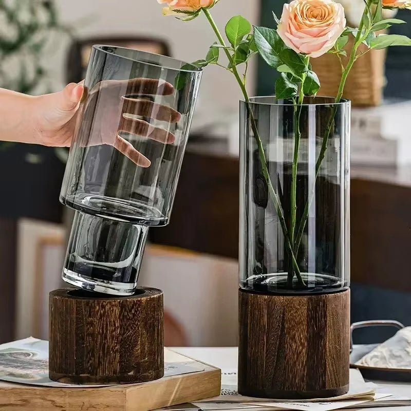 Vases Simple European Hydroponic Plant Household Living Room Table Inserted Flower Wood Base Transparent Glass Vase Home Decor