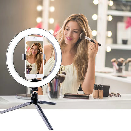 Multi-function 26CM selfie ring light – adjustable brightness for YouTube, makeup, or live video.