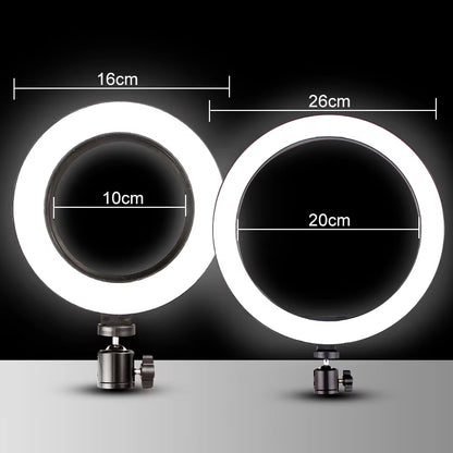 Multi-function 26CM selfie ring light – adjustable brightness for YouTube, makeup, or live video.