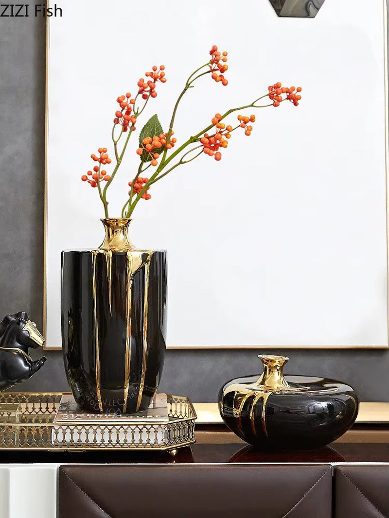 Black Gold Ceramic Vase Flowers Pot Flower Arrangement Desk Decoration Crafts Glaze Porcelain Vases Floral Home Decor Modern