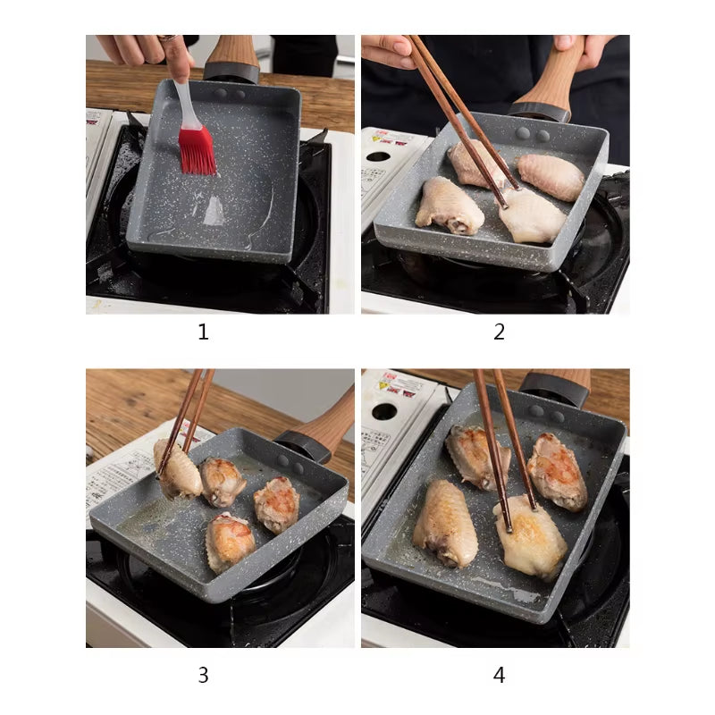 1Pc Rectangular Tamagoyaki Pan – Nonstick Maifan stone omelette pan with heat-resistant handle. Ideal for gas, electric, and glass stoves.