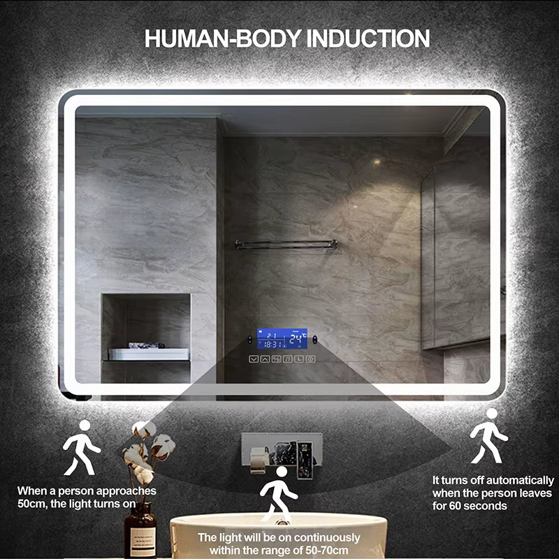 Rectangle 60x80cm Bluetooth makeup mirror with warm LED light, human body induction, and anti-fog.