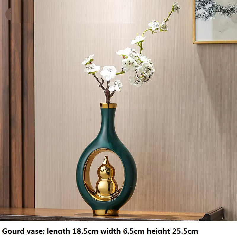 Chinese Style Creativity Ceramic Vase Wooden Frame Retro Openwork Vase Modern Home Flower Arrangement Decoration Flower Vases