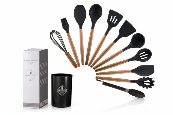 12Pcs/Set Wooden Handle Silicone Kitchen Utensils with Storage Bucket High Temperature Resistant and Non Stick Pot Spatula Spoon