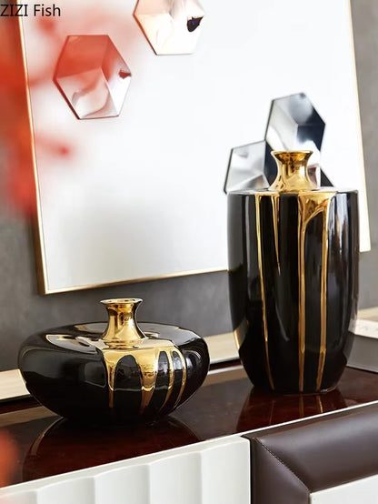 Black Gold Ceramic Vase Flowers Pot Flower Arrangement Desk Decoration Crafts Glaze Porcelain Vases Floral Home Decor Modern