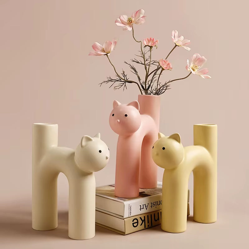 Cute Cat Vase Cathead H-Shaped Tube Vase Flower Arrangement Hydroponics Accessories Home Furnishing Decoration Vases Pots